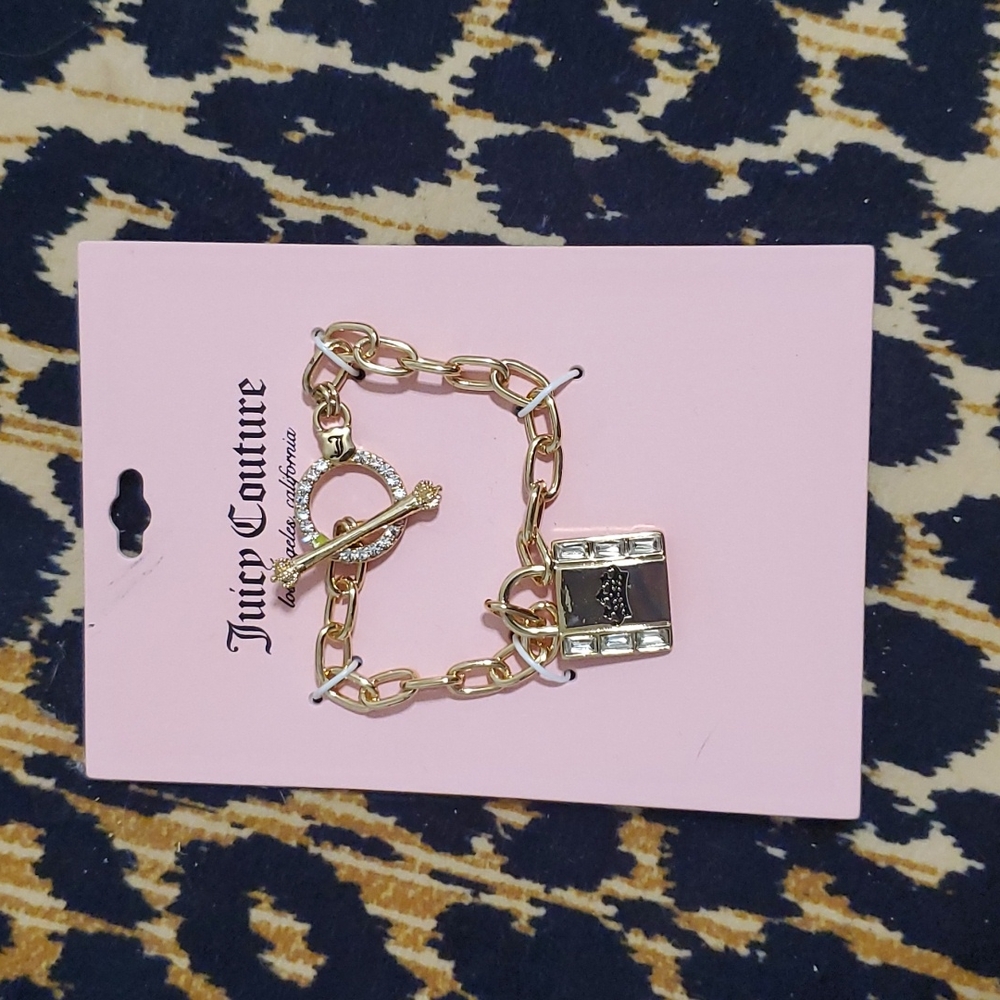 NWT JUICY COUTURE LOCKET CHARM BRACELET GOLD COLOR WITH DIAMONDS GEMS ONE SIZE
